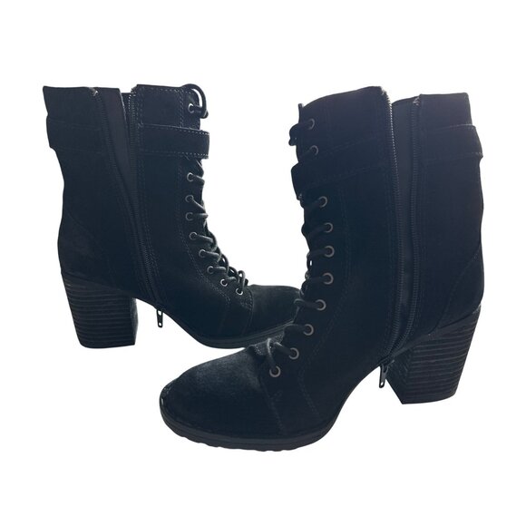 Born Cass Black Suede Combat Boots Strap Side Zipper Lace Up Size 8 - Picture 6 of 7